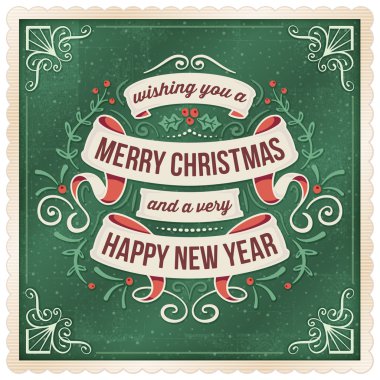 Green Christmad Card with Ribbons and Floral Ornaments