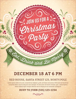 Christmas Party Invitation with a Big Red Label and a Green Ribb clipart
