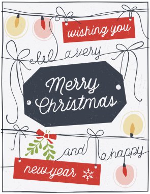Hand Drawn Christmas Card with Strings, Labels and Lights
