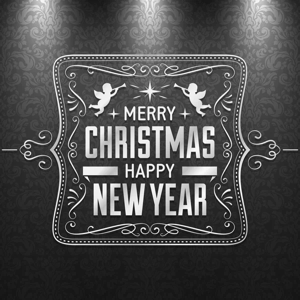 Carte de voeux de Noël avec texte argenté et ornements sur une obscurité — Image vectorielle