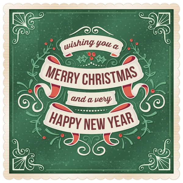 Green Christmad Card with Ribbons and Floral Ornaments