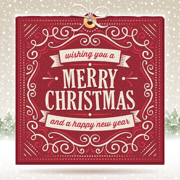 Appendere cartolina di Natale rosso su uno sfondo innevato — Vettoriale Stock