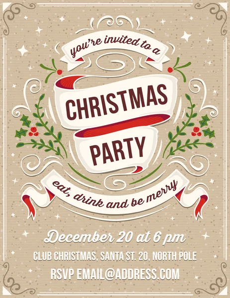 Hand Drawn Christmas Party Invitation with White Ribbons and Orn — Stok Vektör