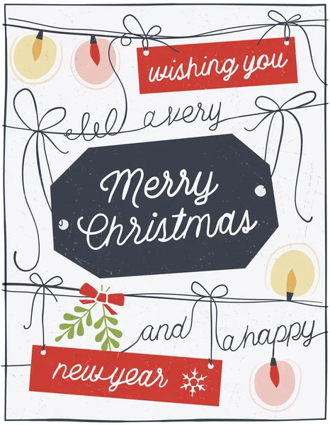 Biglietto natalizio disegnato a mano con corde, etichette e luci — Vettoriale Stock