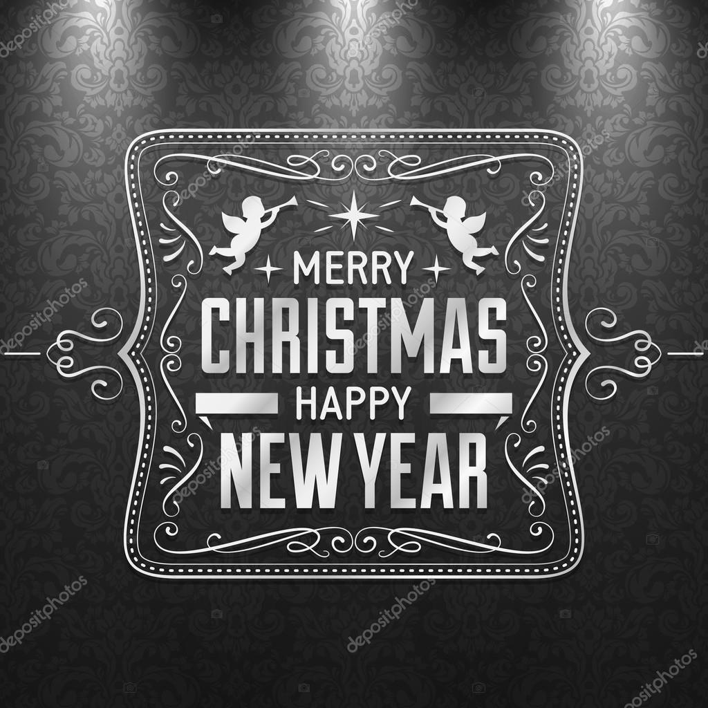Black and white christmas greeting card with silver text and decoration on a dark grey pattern File format is EPS10 — Wektor od cajoer