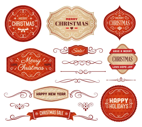 Rote und beige Weihnachtsetiketten und -schmuck — Stockvektor