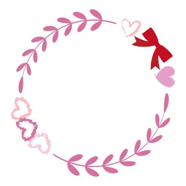 Kırmızı bir kurdele, yapraklar ve kalp çerçevesi..