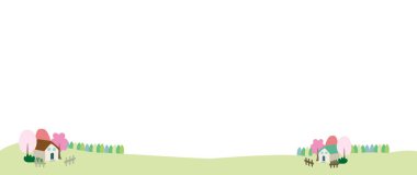 Pembe çiçekler ve ağaçlarla kırsal manzara çizimi.