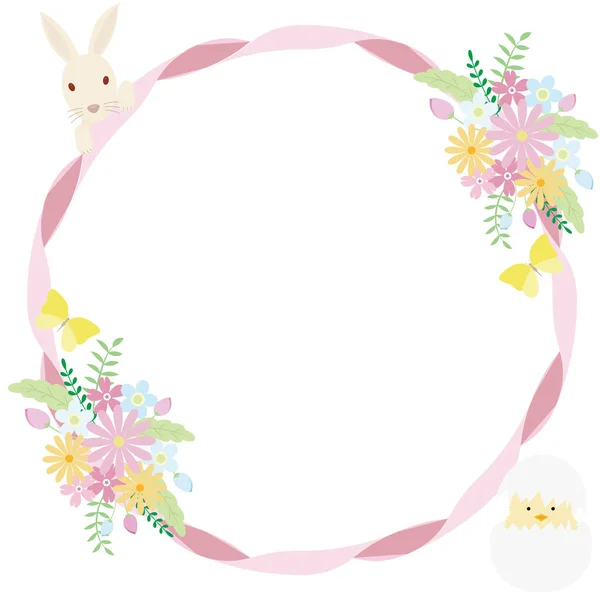 Ruban Cadre Rond Avec Lapin Poussin Bouquet Fleurs — Image vectorielle