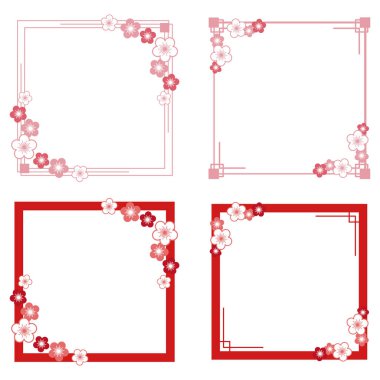 Dört çeşit erik çiçeğinden oluşan bir çerçeve çizimi.