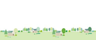 Taze yeşil ağaçlar ve bir köy manzarası..