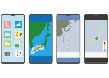 Akıllı telefonun ana ekranının, tayfunun gidişatının, yağmur bulutu radarının ve merkez üssünün görüntüsü..