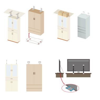 Mobilya ve aletlerin düşmesini nasıl önleyeceğimizin bir dizi çizimi.