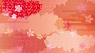 Kiraz çiçekleri, bulutlar ve Japon desenli kırmızı bir arkaplan çizimi.