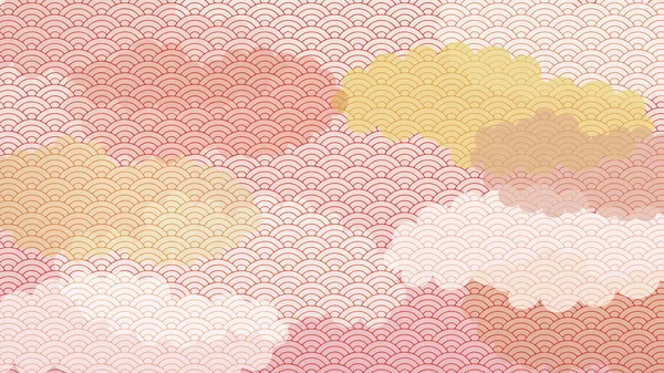 Bulutlar ve Japon desenli pembe ve kırmızı arkaplan çizimi.