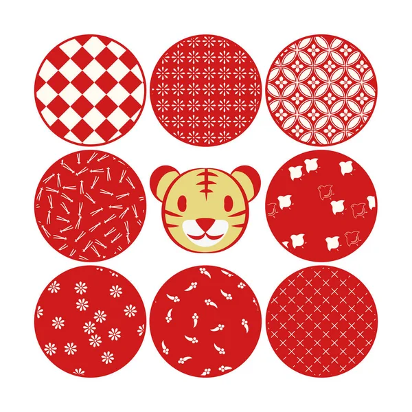 Illustration Des Gesichtssymbols Eines Tigers Und Acht Verschiedene Muster Einem — Stockvektor