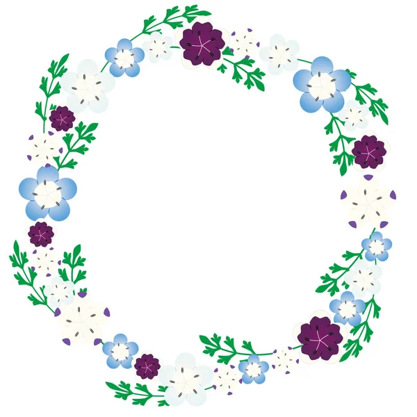 Ilustración Del Marco Usando Cuatro Tipos Flores Nemophila — Vector de stock