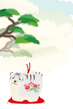 Arka planda çam ağacı ve bulutlar olan bir kaplan figürü..