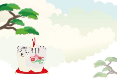 Arka planda çam ağacı ve bulutlar olan bir kaplan figürü..