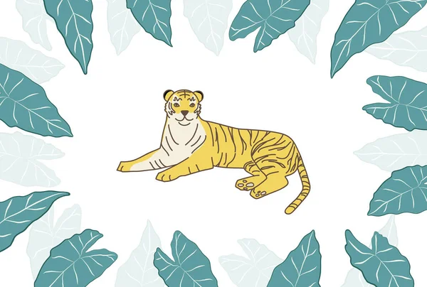 Illustration Lying Tiger Alocasia Frame White Background Version — Stock Vector