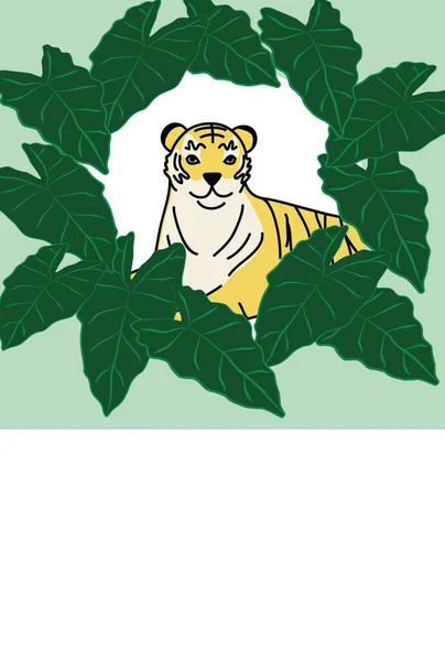 Illustrazione Una Tigre Circondata Una Corona Alocasia — Vettoriale Stock