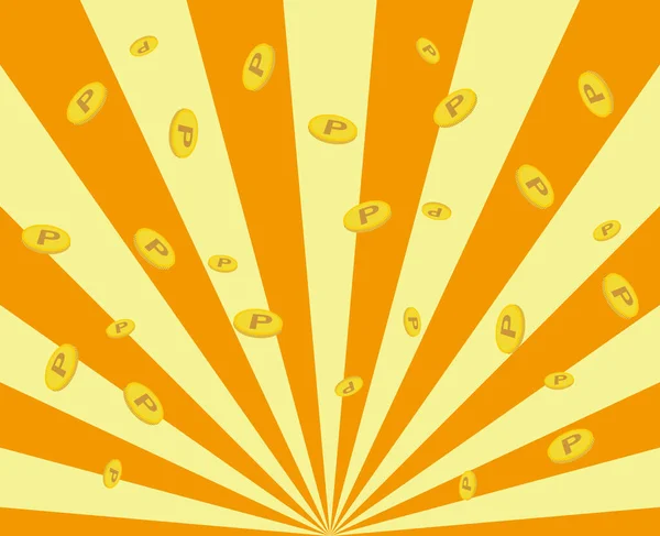 Monedas Punto Dispersas Ilustraciones Radiales Fondo Amarillo Naranja Que Extienden — Archivo Imágenes Vectoriales