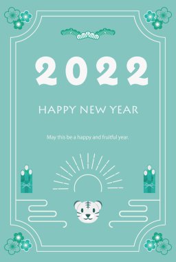 2022 için tasarlanmış yeni yıl kartı tasviri, kadomatsu, kaplan surat ve güneş.