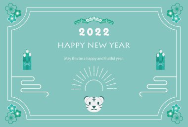 2022 için tasarlanmış yeni yıl kartı tasviri, kadomatsu, kaplan surat ve güneş.