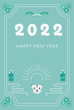 2022 için tasarlanmış yeni yıl kartı tasviri, kadomatsu, kaplan surat ve güneş.