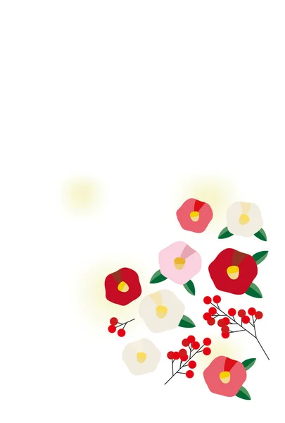 背景には 色とりどりの椿の花 赤い果実 ぼかしが描かれた年賀状のイラストが描かれている — ストックベクタ