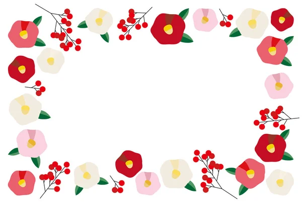 Illustrazione Una Cartolina Capodanno Con Una Cornice Fiori Camelia Colorati — Vettoriale Stock