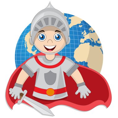 Dünyanın arka planında sevimli bir şövalye. Beyaz arka planda izole edilmiş. Vektör illüstrasyonu.