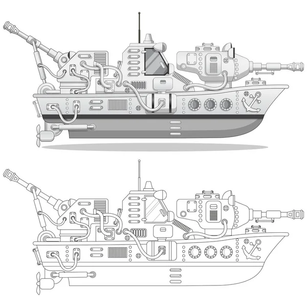 Navio Guerra Vista Lateral Isolado Fundo Branco Ilustração Vetorial — Vetor de Stock