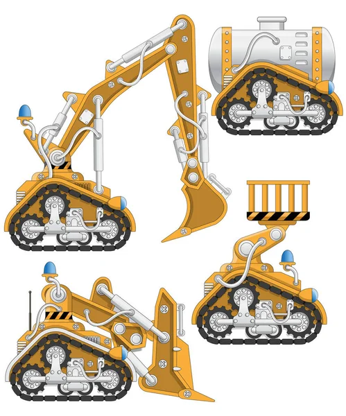 Industriële Robots Ingesteld Zijaanzicht Geïsoleerd Witte Achtergrond Vectorillustratie — Stockvector