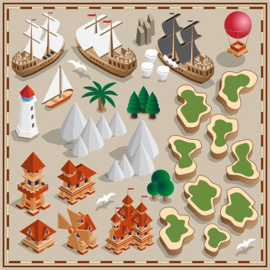 Deniz temalı bir takım elementler. Isometric. Vektör illüstrasyonu.