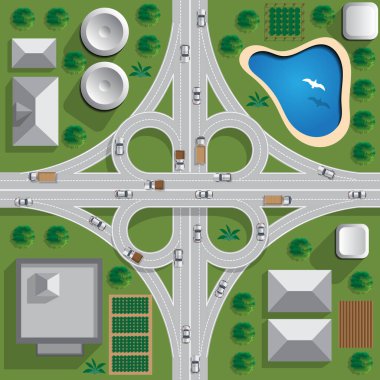 Yol köprüsü. Yol ayrımı. Yukarıdan bak. Vektör illüstrasyonu. 