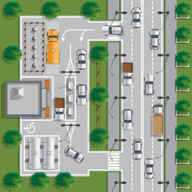 Arabalar için benzin istasyonu. Vektör illüstrasyonu.