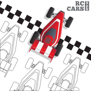 Bitiş çizgisinde uzaktan kumandalı arabalar kullanıyor. Yukarıdan bak. Vektör illüstrasyonu. 