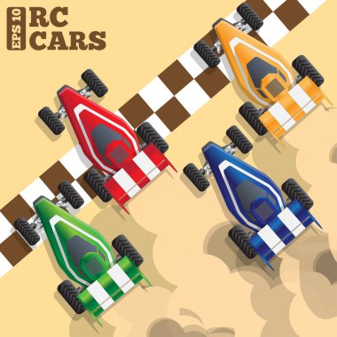 Bitiş çizgisinde uzaktan kumandalı arabalar kullanıyor. Yukarıdan bak. Vektör illüstrasyonu. 