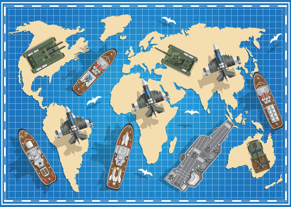 Military equipment on the map. View from above. Vector illustration.