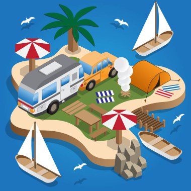Kamp yapmak. Plaj tatili Isometric. Vektör illüstrasyonu.
