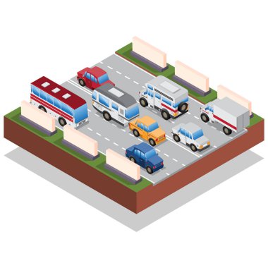 Yol trafiği. Isometric. Beyaz arka planda izole edilmiş. Vektör illüstrasyonu.