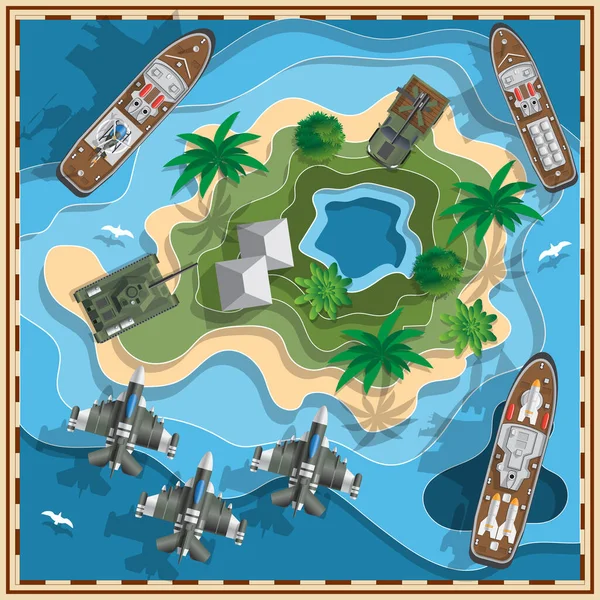 Vojenské Vybavení Ostrově Pohled Shora Vektorová Ilustrace — Stockový vektor