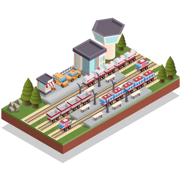 Estación Ferrocarril Isométrico Aislado Sobre Fondo Blanco Ilustración Vectorial — Vector de stock