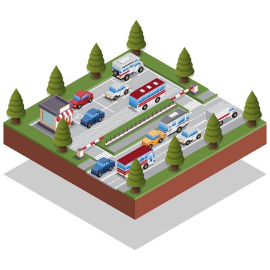 Arabaları park etmek. Isometric. Beyaz arka planda izole edilmiş. Vektör illüstrasyonu.