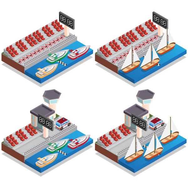 Carreras Barcos Isométrico Aislado Sobre Fondo Blanco Ilustración Vectorial — Archivo Imágenes Vectoriales