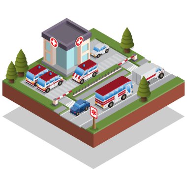 Hastanedeyiz. Isometric. Beyaz arka planda izole edilmiş. Vektör illüstrasyonu.