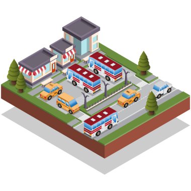 Otobüs durağı. Isometric. Beyaz arka planda izole edilmiş. Vektör illüstrasyonu.