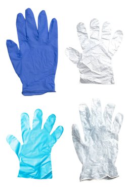 Beyaz üzerine izole edilmiş çeşitli tek kullanımlık eldivenler.
