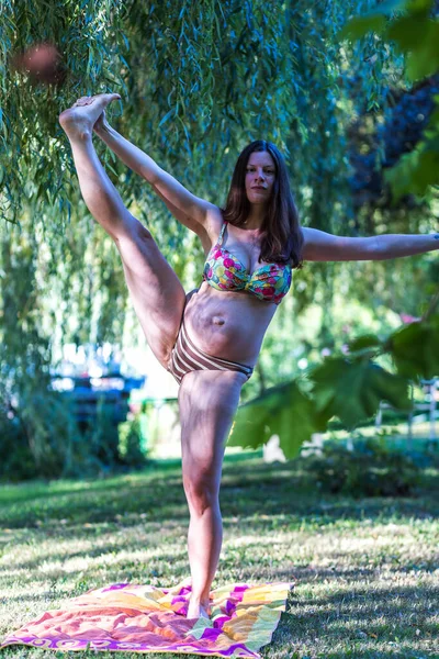 Mujer Joven Embarazada Haciendo Yoga Aire Libre — Foto de Stock